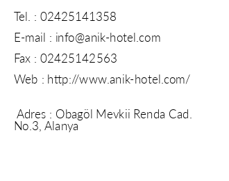 Anik Suite Hotel iletiim bilgileri