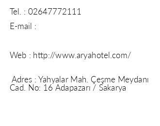 Arya Hotel Sakarya iletiim bilgileri