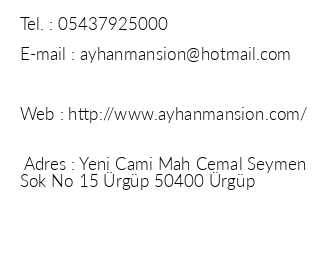 Ayhan Mansion Cave Arch Hotel iletiim bilgileri