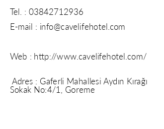 Cave Life Hotel iletiim bilgileri