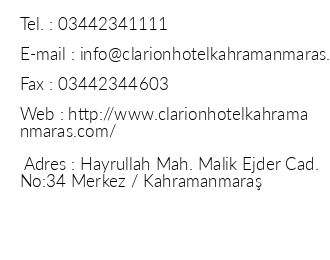Clarion Hotel Kahramanmara iletiim bilgileri
