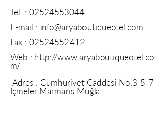 Arya Boutique Hotel iletiim bilgileri