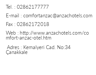 Comfort Anzac Hotel iletiim bilgileri