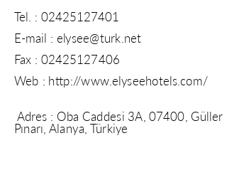 Elysee Hotel iletiim bilgileri