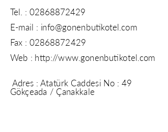 Gnen Butik Otel iletiim bilgileri