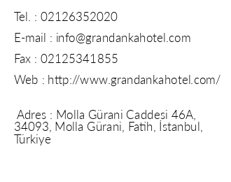 Grand Anka Hotel Istanbul iletiim bilgileri