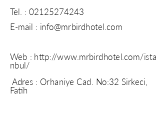 Mr Bird Hotel iletiim bilgileri
