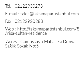 Nisa Sultan Taksim Residence iletiim bilgileri