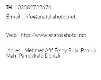 Pamukkale Anatolia Hotel iletiim bilgileri