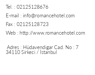 Romance Hotel Sirkeci iletiim bilgileri