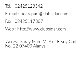 Club Sidar Apart Hotel iletiim bilgileri