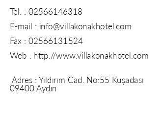 Villa Konak Hotel iletiim bilgileri